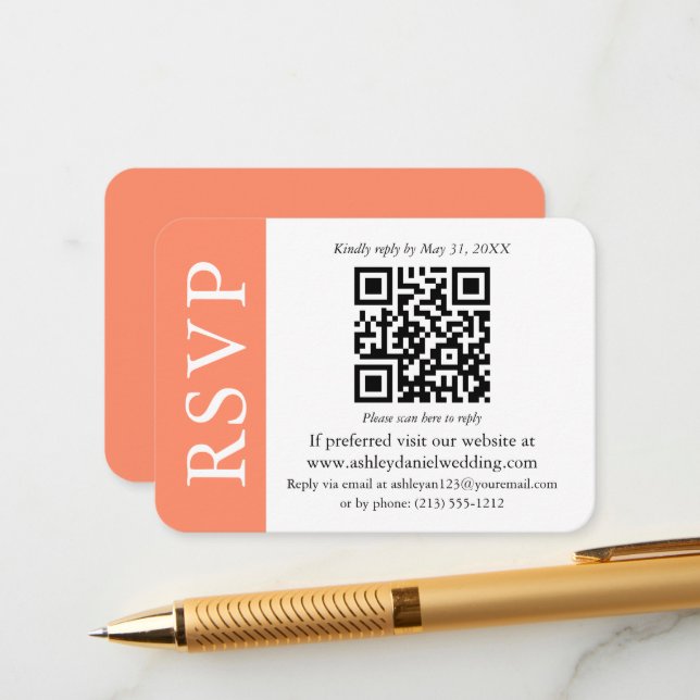 Tarjeta De Recepción Boda QR moderna RSVP Coral y Blanco (Anverso/Reverso In Situ)