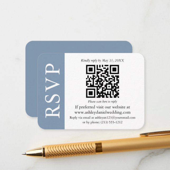 Tarjeta De Recepción Boda QR moderna RSVP Dusty azul y blanco (Anverso/Reverso In Situ)