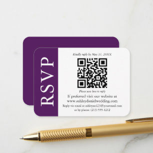 Tarjeta De Recepción Boda QR moderna RSVP púrpura y blanca