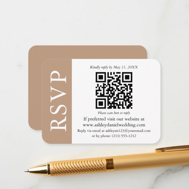 Tarjeta De Recepción Boda QR moderna RSVP Taupe y blanco (Anverso/Reverso In Situ)