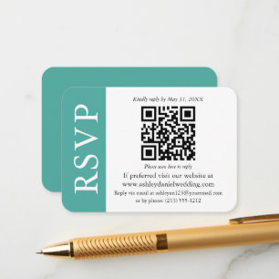Tarjeta De Recepción Boda QR moderna RSVP Verde azulada y blanca