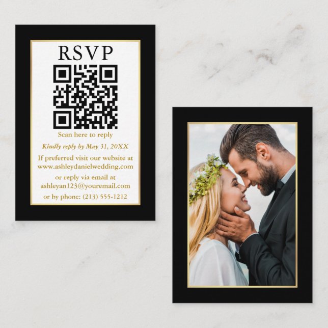 Tarjeta De Recepción Boda QR moderno fotograma dorado marco QR negro (Anverso / Reverso)