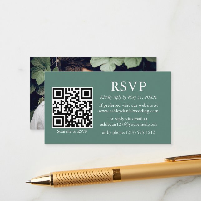 Tarjeta De Recepción Boda QR Photo Eucalyptus Green RSVP (Anverso/Reverso In Situ)