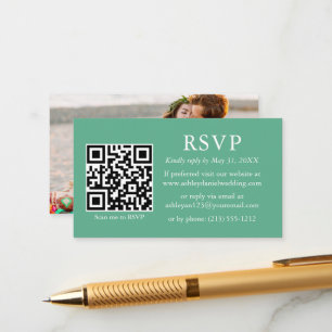 Tarjeta De Recepción Boda QR Photo Neo Mint Green RSVP