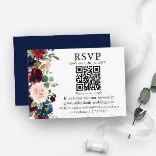 Tarjeta De Recepción Boda QR RSVP de color de agua azul floral mixto
