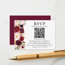 Tarjeta De Recepción Boda QR RSVP de color de agua borgoña