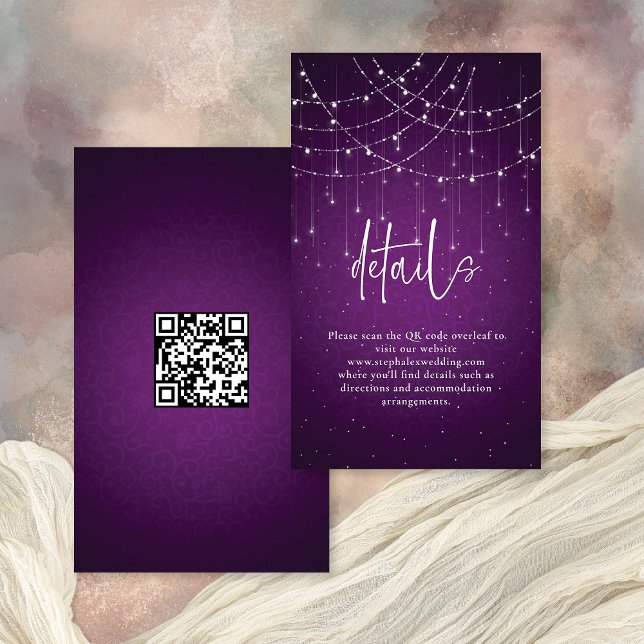 Tarjeta De Recepción Boda Real Purple String Lights (Front and back view)