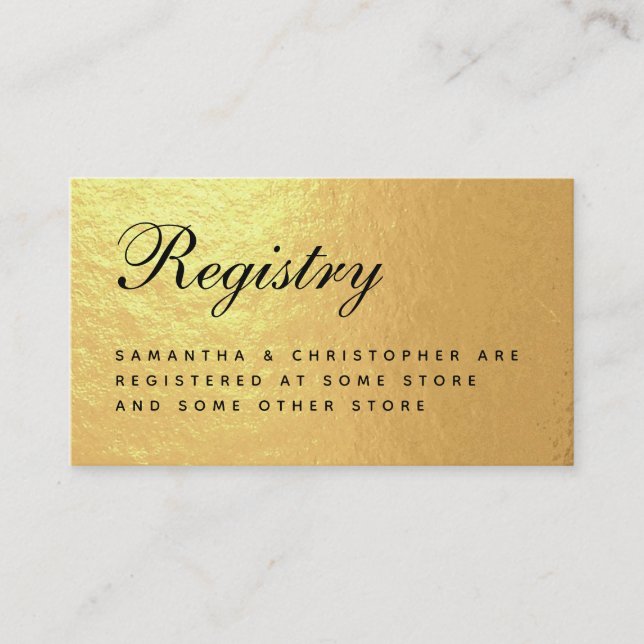 Tarjeta De Recepción Boda Registro Faux Relieve metalizado dorado Elega (Anverso)