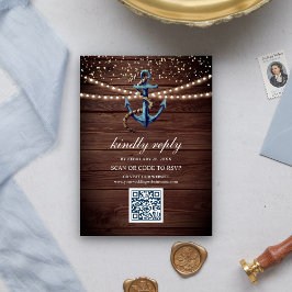Tarjeta De Recepción Boda Responder con Código QR Ancla Azul Marino Mad