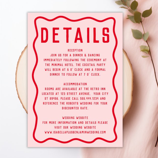 Tarjeta De Recepción Boda retro ondulado rosado rojo aguafiestas ondula (Bold Bright Pink Red Squiggle Wavy Retro Wedding Enclosure Card)