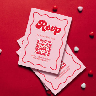Tarjeta De Recepción Boda Retro Rosa y Roja RSVP Código QR