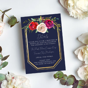 Tarjeta De Recepción Boda Rojo Borgoña Azul de la Marina Floral Radiant