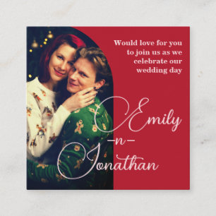 Tarjeta De Recepción Boda Romántica Chic Rojo Profundo Foto Dividida QR