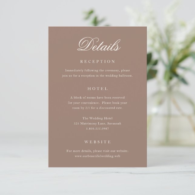 Tarjeta De Recepción Boda Romántica Marrón Elegante (Anverso de pie)