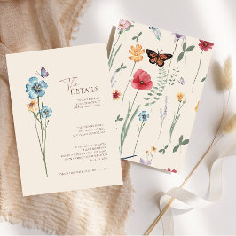 Tarjeta De Recepción Boda Romántica Simple Mariposa Flor Silvestre Azul