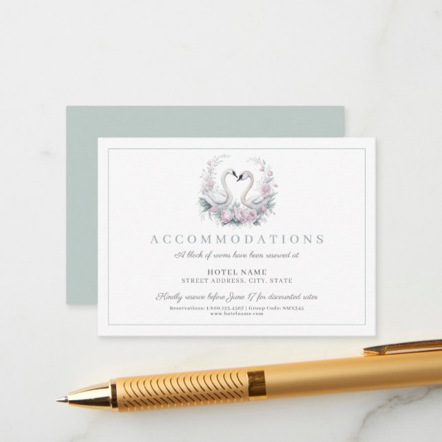 Tarjeta De Recepción Boda Romántico de Pareja de Cisne Verde (Anverso/Reverso In Situ)