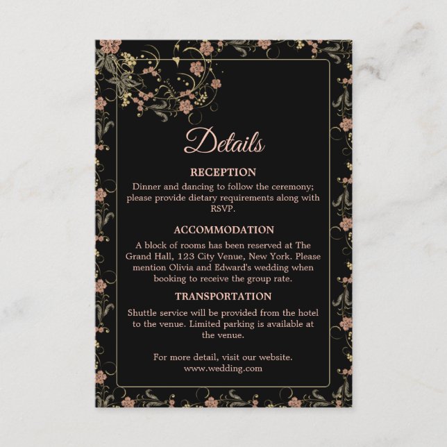 Tarjeta De Recepción Boda romántico negro y rosa del té (Anverso)