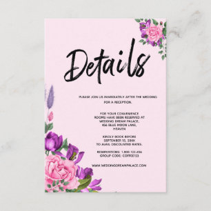 Tarjeta De Recepción Boda romántico violeta rosada floral