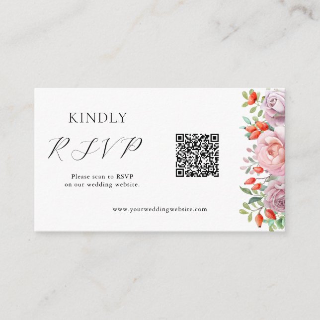 Tarjeta De Recepción Boda Rosa de primavera Código QR RSVP (Anverso)