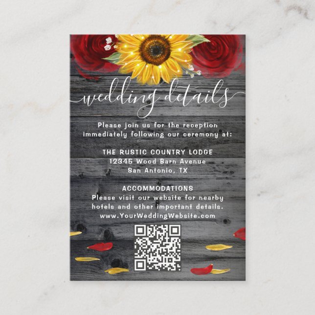 Tarjeta De Recepción Boda rosa roja de girasol ruso RSVP Código QR (Anverso)