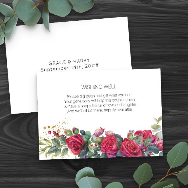 Tarjeta De Recepción Boda Rosa Roja, poema de Wood Well (Wedding wishing well insert cards from my Red Rose and Eucalyptus Wedding Collection)