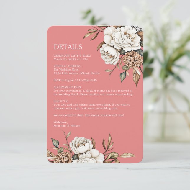 Tarjeta De Recepción Boda rosado de peonía e hidrangea moderna (Anverso de pie)