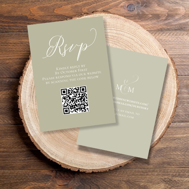 Tarjeta De Recepción Boda RSVP Código QR Guión Sage Verde (Elegant RSVP card with a scannable QR Code )