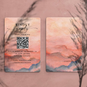 Tarjeta De Recepción Boda RSVP Código QR Montaña de atardecer