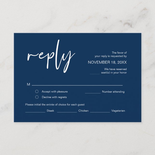 Tarjeta De Recepción Boda RSVP, con opciones de comida, fuente azul mar (Anverso)