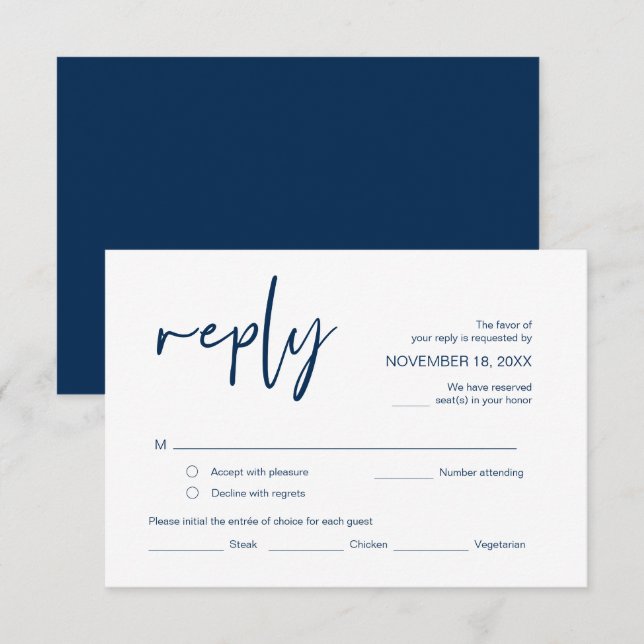 Tarjeta De Recepción Boda RSVP, con opciones de comida, fuente azul mar (Anverso / Reverso)