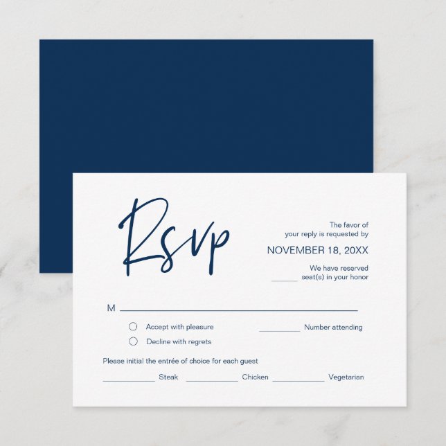 Tarjeta De Recepción Boda RSVP, con opciones de comida, fuente azul mar (Anverso / Reverso)