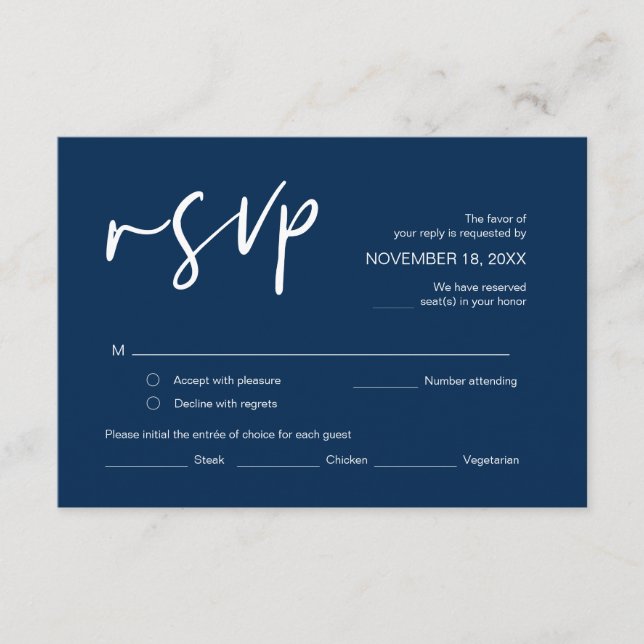 Tarjeta De Recepción Boda RSVP, con opciones de comida, fuente azul mar (Anverso)