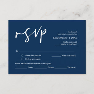 Tarjeta De Recepción Boda RSVP, con opciones de comida, fuente azul mar