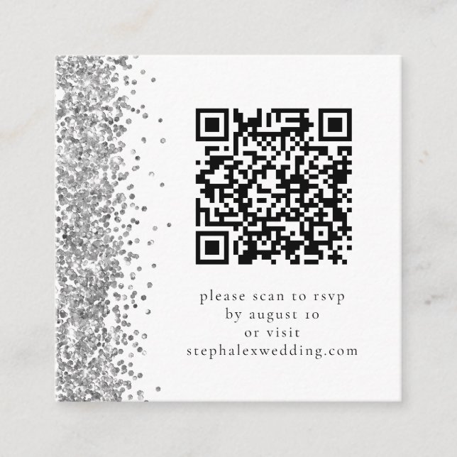 Tarjeta De Recepción Boda RSVP de código QR de Purpurina plateado (Anverso)