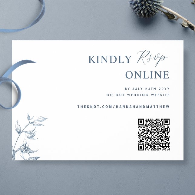 Tarjeta De Recepción Boda RSVP de código QR elegante azul y blanco (Subido por el creador)
