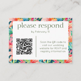 Tarjeta De Recepción Boda RSVP de código QR floral tropical brillante