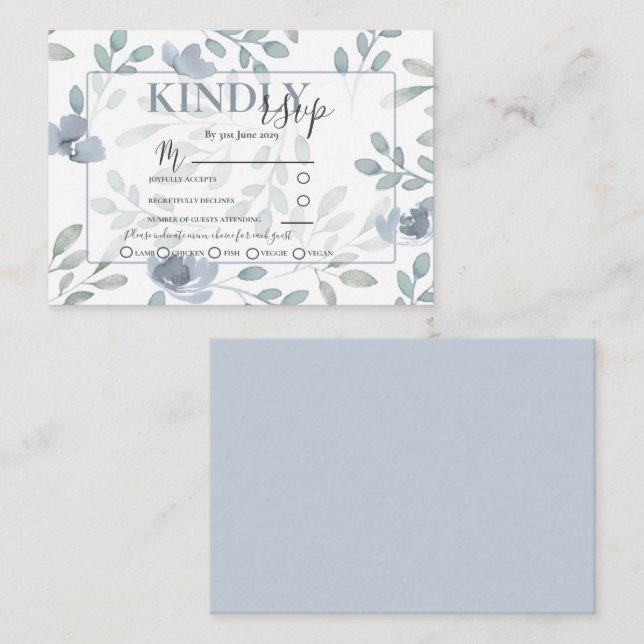 Tarjeta De Recepción Boda RSVP de Flora Rústica Dusty Blue & Sage (Anverso / Reverso)