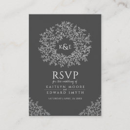 Tarjeta De Recepción Boda RSVP de hoja dibujada a mano gris oscuro