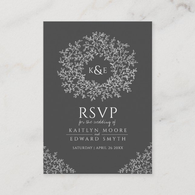 Tarjeta De Recepción Boda RSVP de hoja dibujada a mano gris oscuro (Anverso)