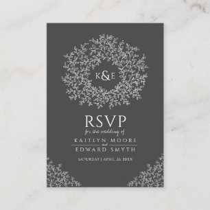 Tarjeta De Recepción Boda RSVP de hoja dibujada a mano gris oscuro