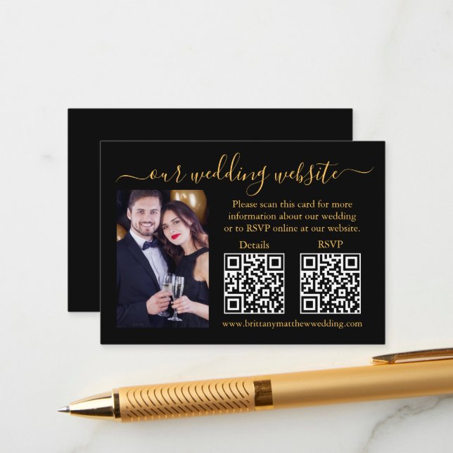 Tarjeta De Recepción Boda RSVP Detalles Foto 2 QR Gold Black (Anverso/Reverso In Situ)