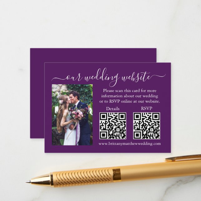 Tarjeta De Recepción Boda RSVP Detalles Foto 2 QR Púrpura (Anverso/Reverso In Situ)