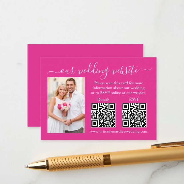 Tarjeta De Recepción Boda RSVP Detalles Foto 2 QR Rosa caliente (Anverso/Reverso In Situ)
