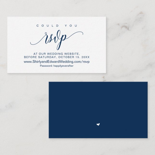 Tarjeta De Recepción Boda RSVP en línea, guión azul de la marina modern (Anverso / Reverso)
