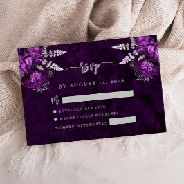 Tarjeta De Recepción Boda RSVP Floral Script Plata Púrpura Ciruela