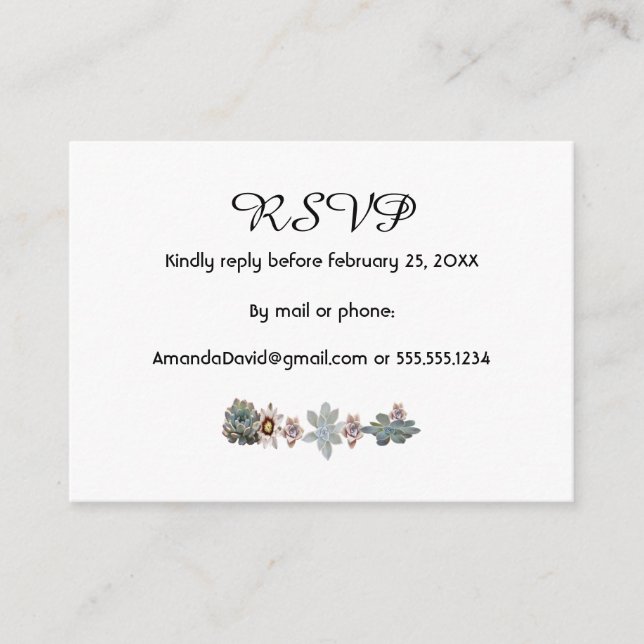 Tarjeta De Recepción Boda RSVP flores suculentas blanco (Anverso)
