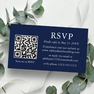 Tarjeta De Recepción Boda RSVP Minimalista QR Azul
