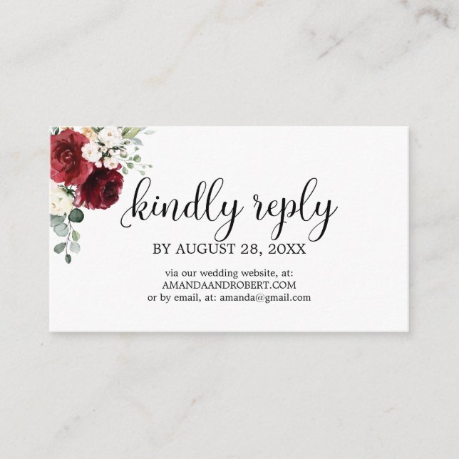 Tarjeta De Recepción Boda RSVP Moda Burgundy Floral (Anverso)