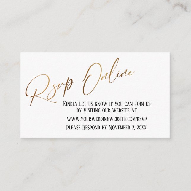 Tarjeta De Recepción Boda RSVP Online Oro Elegante Escritura a mano (Anverso)