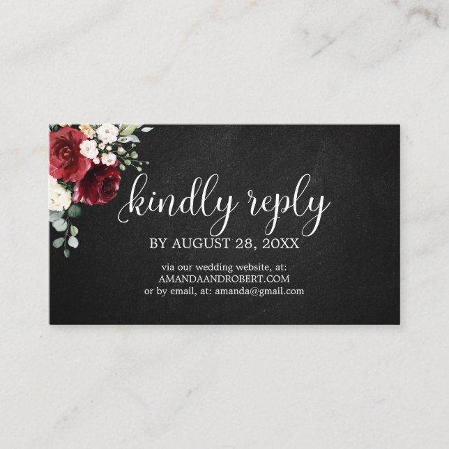 Tarjeta De Recepción Boda RSVP Rústica Borgoña Floral Enclosu (Anverso)